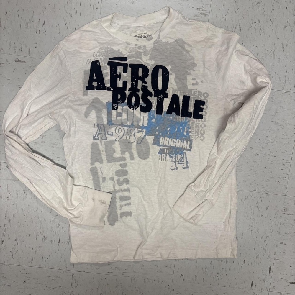 Aeropostale Men's White and Navy Long Sleeve Tee